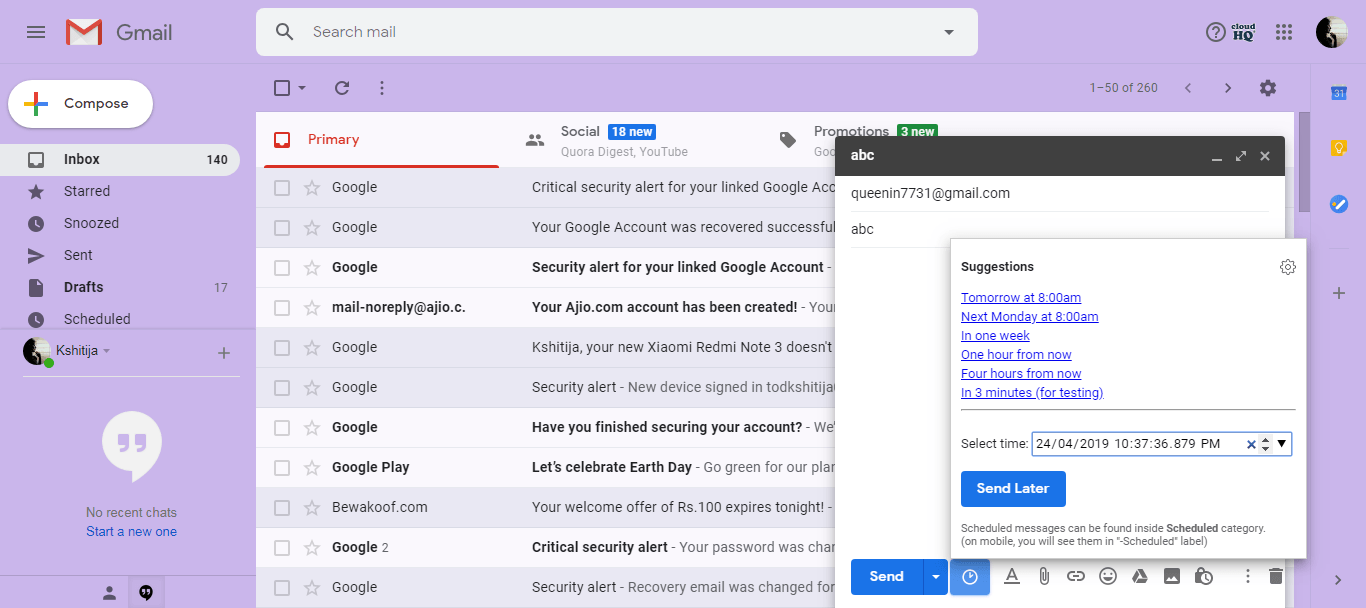 schedule an email in gmail to send later