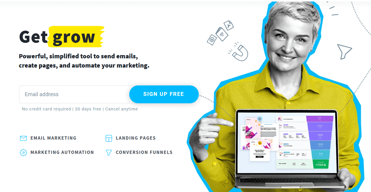 GetResponse homepage with a girl with a laptop- One of the Best Email Marketing Services in Automation