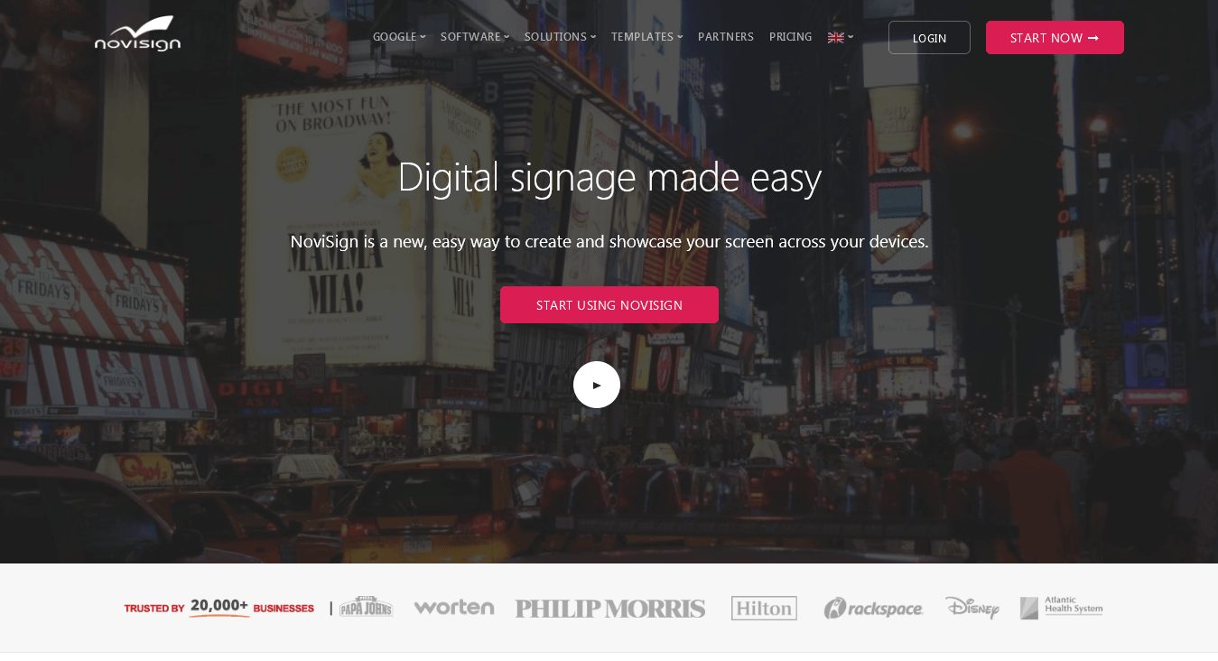NoviSign homepage with screens and black background