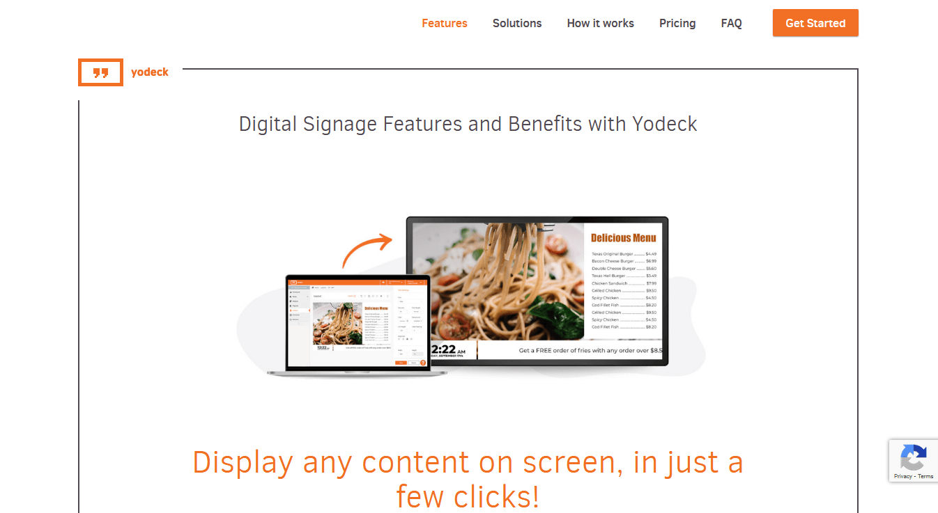 Yodeck homepage with clean white and one tablet and one laptop