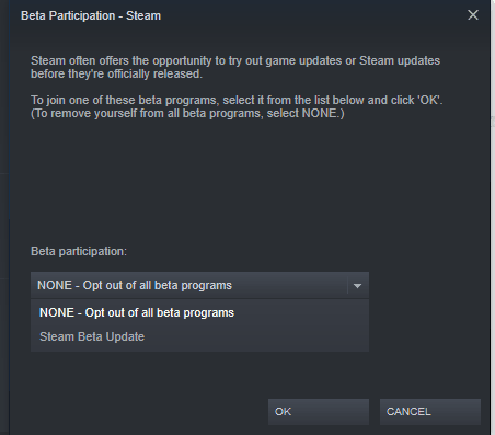 Opt out of beta- Steam api failed to initialize fix