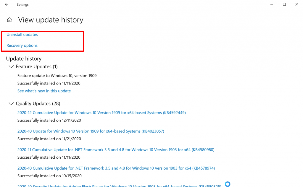 Uninstall windows updates in Windows10