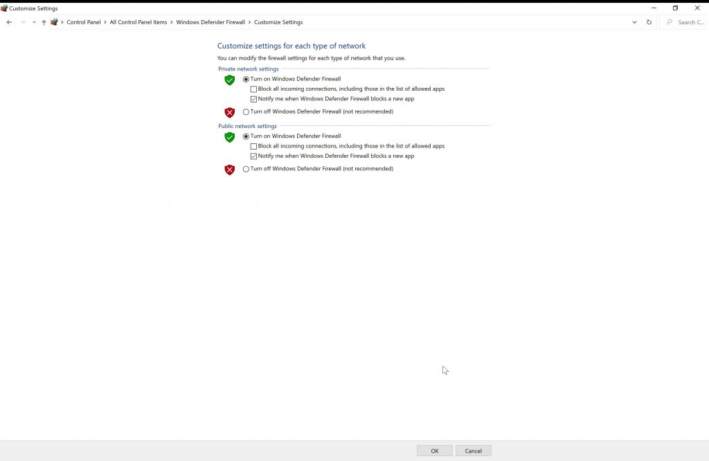 remote device connection- Windows defender firewall