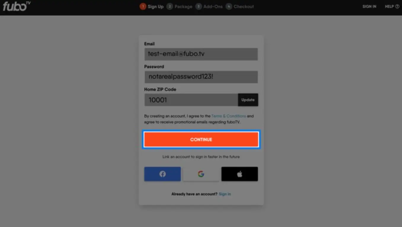 FuboTV Create an account